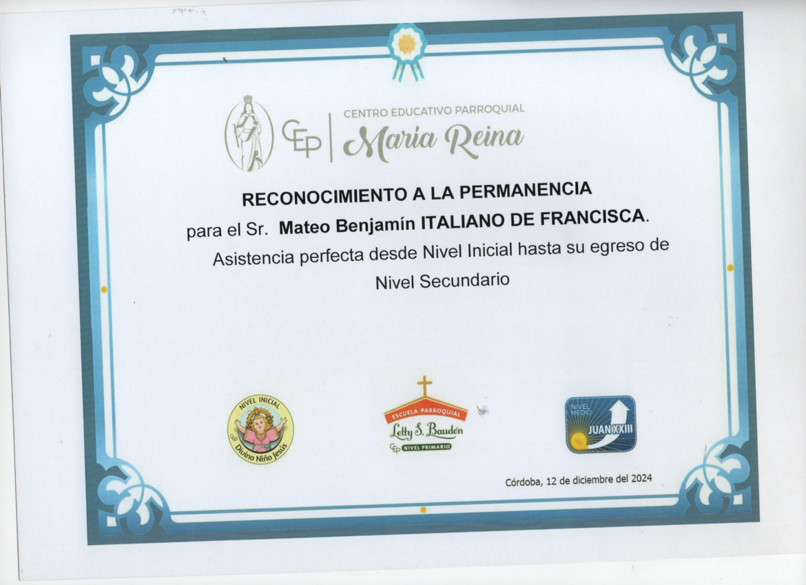 Reconocimiento asistencia perfecta nivel inicial Mateo Benjamín Italiano
