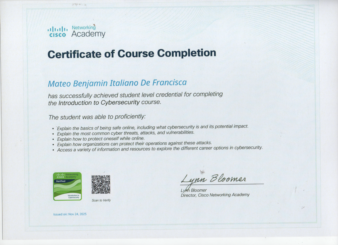 Certificado Cisco Introduction to Cybersecurity de Mateo Benjamín Italiano
