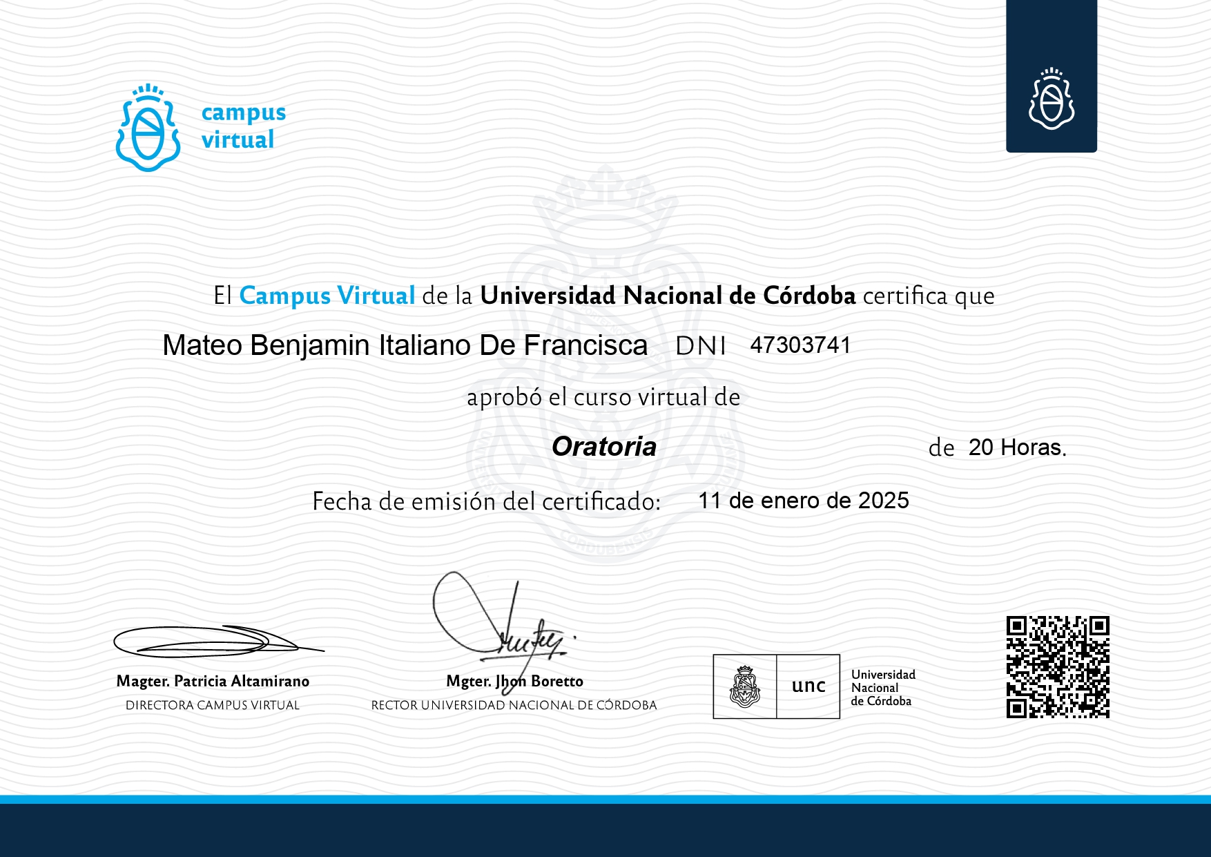 Certificado de Oratoria de la UNC para Mateo Benjamín Italiano