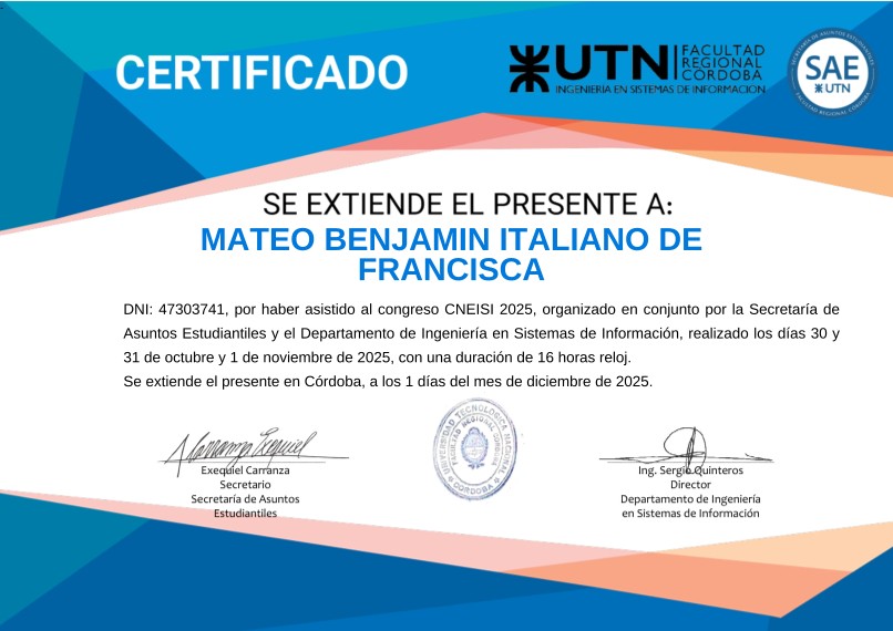 Certificado de asistencia al Congreso CNEISI 2025 UTN para Mateo Benjamín Italiano