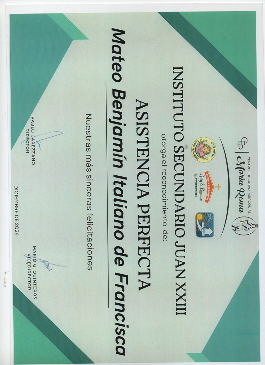 Reconocimiento asistencia perfecta nivel secundario Mateo Benjamín Italiano